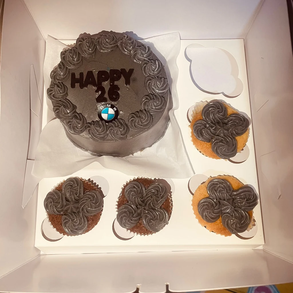 Grey Happy 26 BMW birthday cake with four matching grey buttercream cupcakes