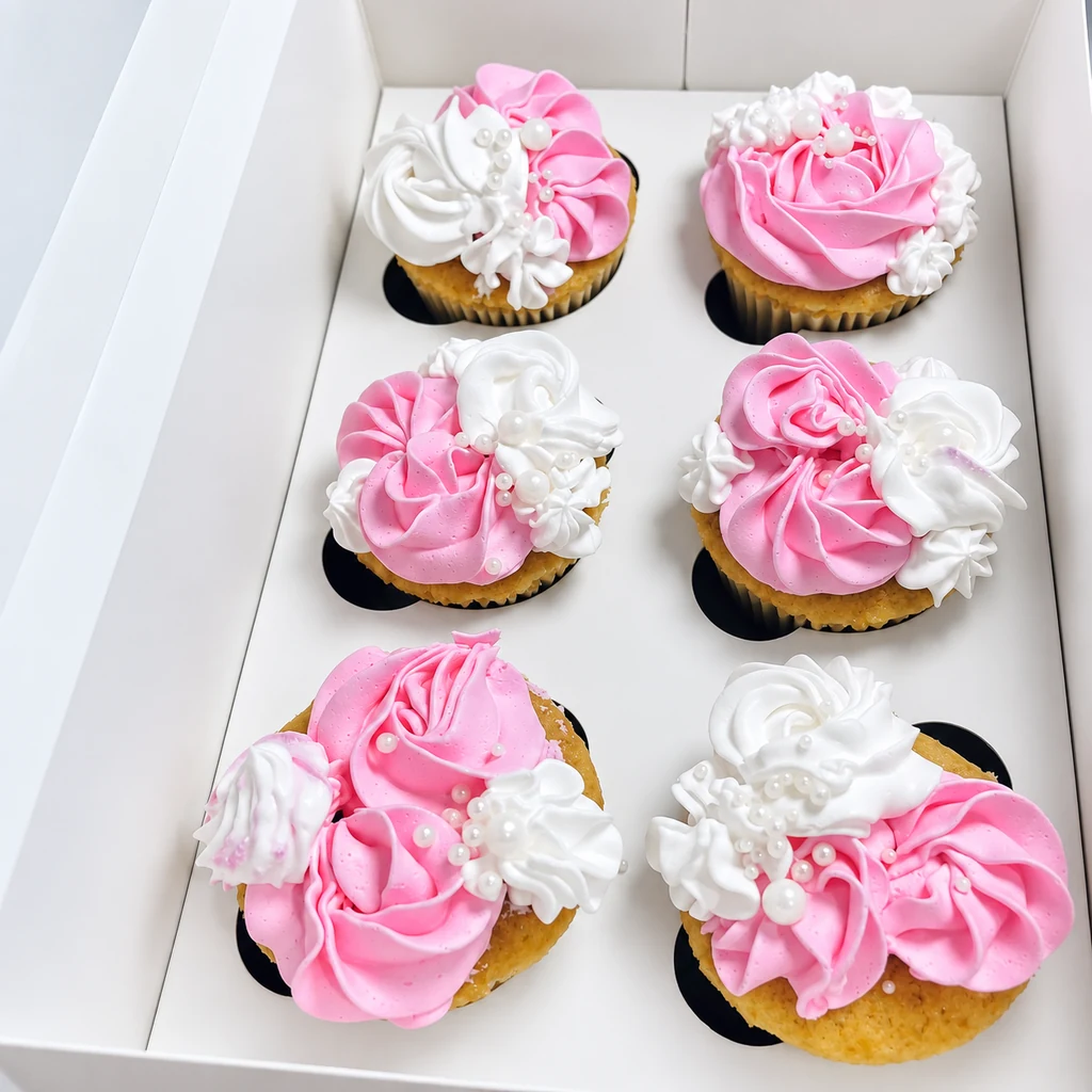 Six pink and white buttercream cupcakes with pearl sprinkles in a white box