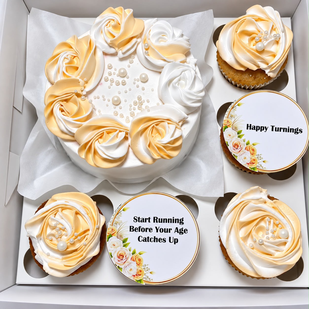 Cream and white birthday cake with five matching cupcakes, rosette piping, pearls and printed message discs by Moh Bakes & Treats